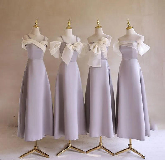 Zartes lila Satin mit Schleife A-Linie Brautjungfernkleid, elegantes formelles Abendkleid ED02119