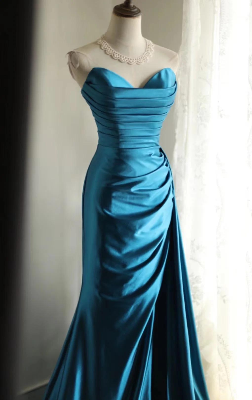 Elegant Satin Mermaid Long Evening Dresses Turquoise Sweetheart Open Back Prom Dresses ED02120