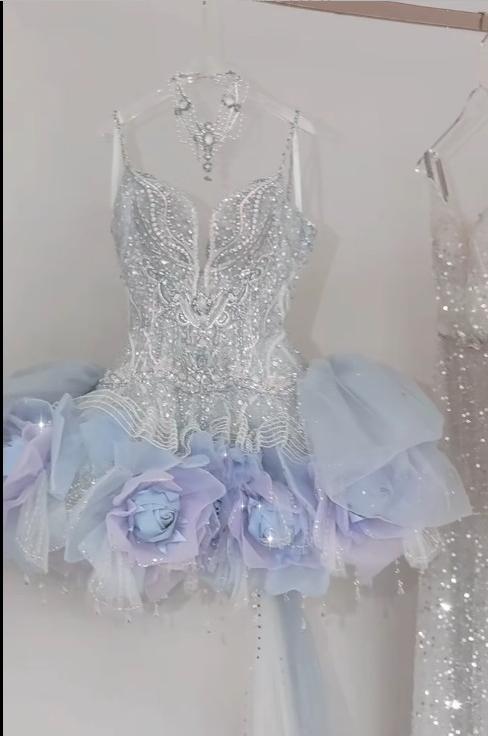 Shiny V-neck A-Line Short Prom Dress Gorgeous Tulle Homecoming Dress ED02123