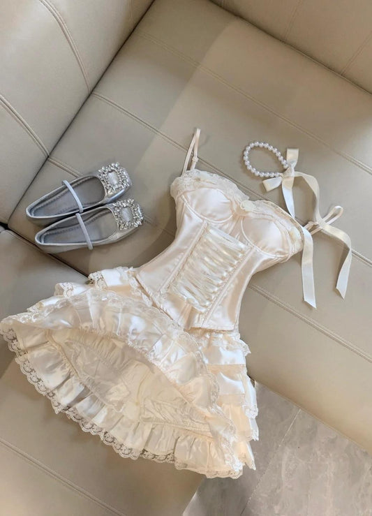 Princess-Inspired Spaghetti Straps Satin Lace Satin Short Prom Dresses Cute A-Line Two-Piece Homecoming Dress  ED02124