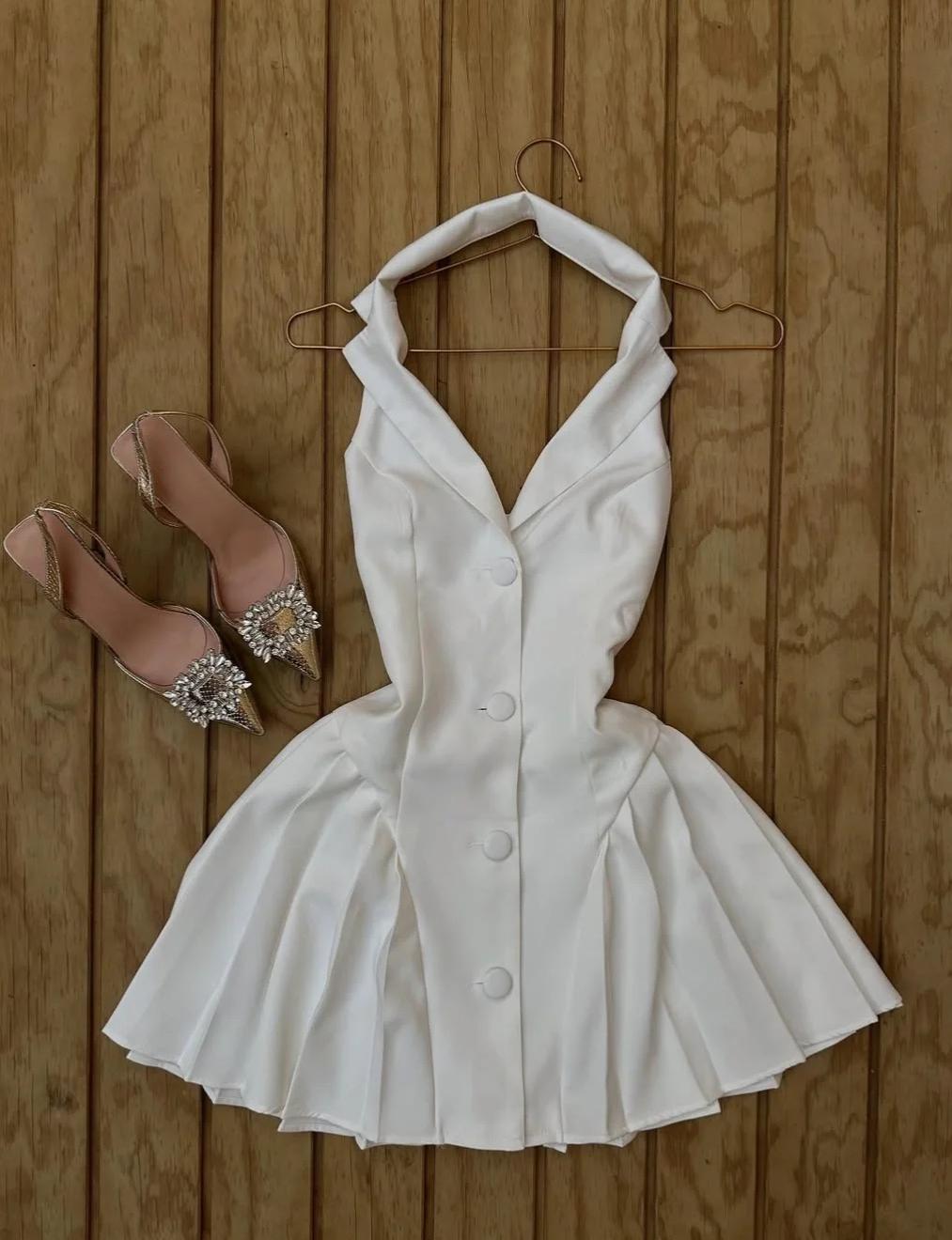 Vintage White V-neck Satin Backless A-line Party Dresses Beautiful Homecoming Dress ED02128