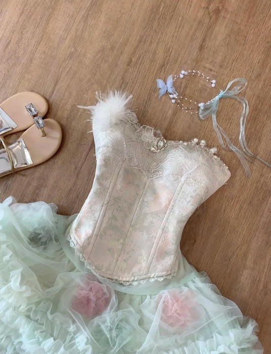 Robe de soirée courte en tulle, sans bretelles, coupe trapèze, en dentelle, ED02131