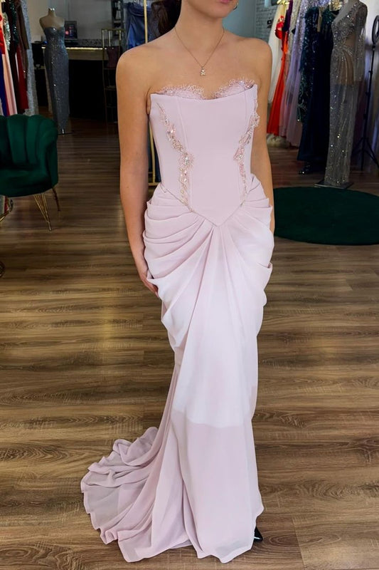 Rosa trägerloses Chiffon-Meerjungfrauen-Abendkleid, lang ED02140