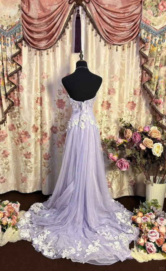 Robe de bal longue trapèze violette sans bretelles en tulle perlé ED02142