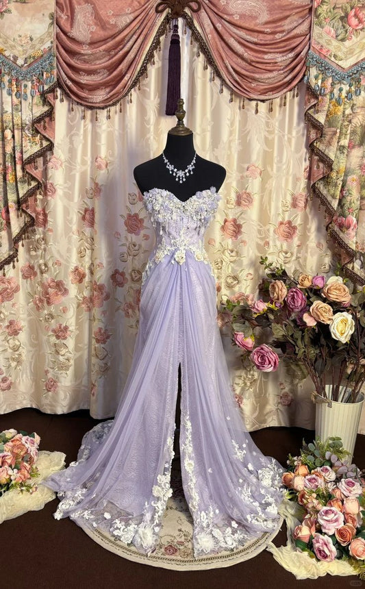 Robe de bal longue trapèze violette sans bretelles en tulle perlé ED02142