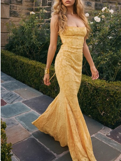 Elegant Yellow Mermaid Spaghetti Straps Prom Dresses Lace Applique Open Back Evening Dress ED02157