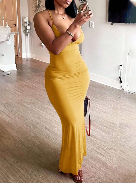 Robe de soirée moulante jaune à bretelles spaghetti et col en V ED02172