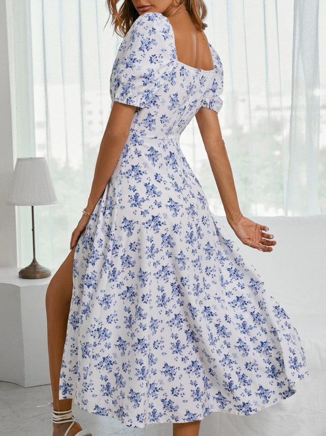 Robe de soirée élégante à imprimé vintage, col carré, robe de demoiselle d'honneur avec fente ED02175