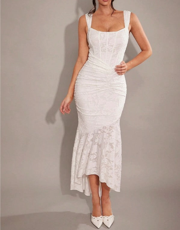 Robe de demoiselle d'honneur sirène élégante en mousseline de soie jacquard blanche, robe de soirée tendance ED02184