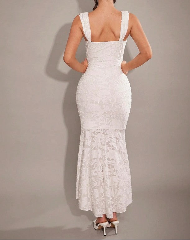 Robe de demoiselle d'honneur sirène élégante en mousseline de soie jacquard blanche, robe de soirée tendance ED02184