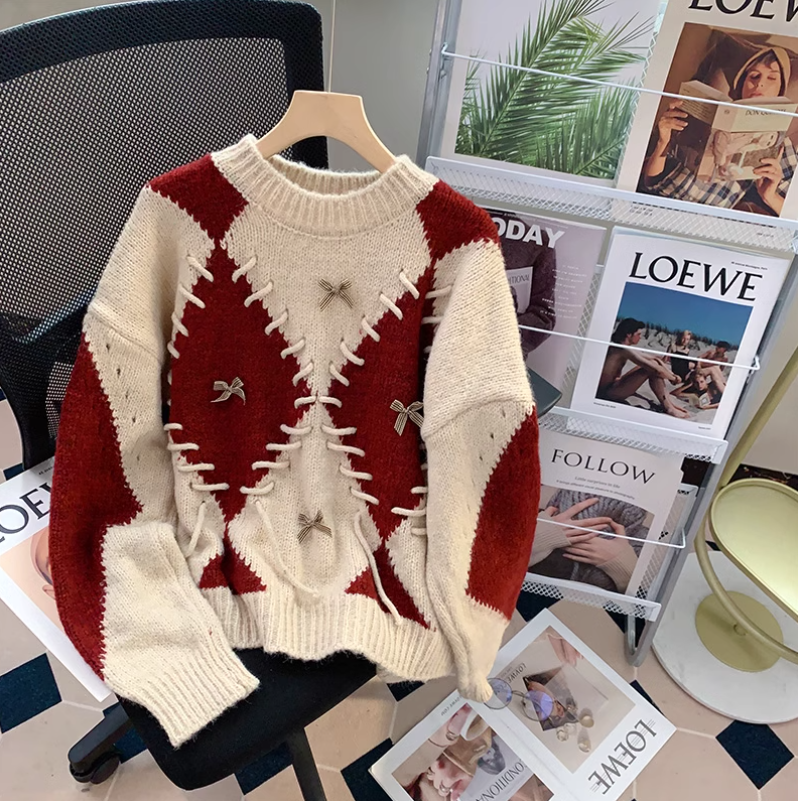 Retro-Langarmpullover mit Diamantkontrast ED0218
