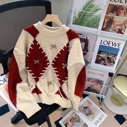 Retro-Langarmpullover mit Diamantkontrast ED0218