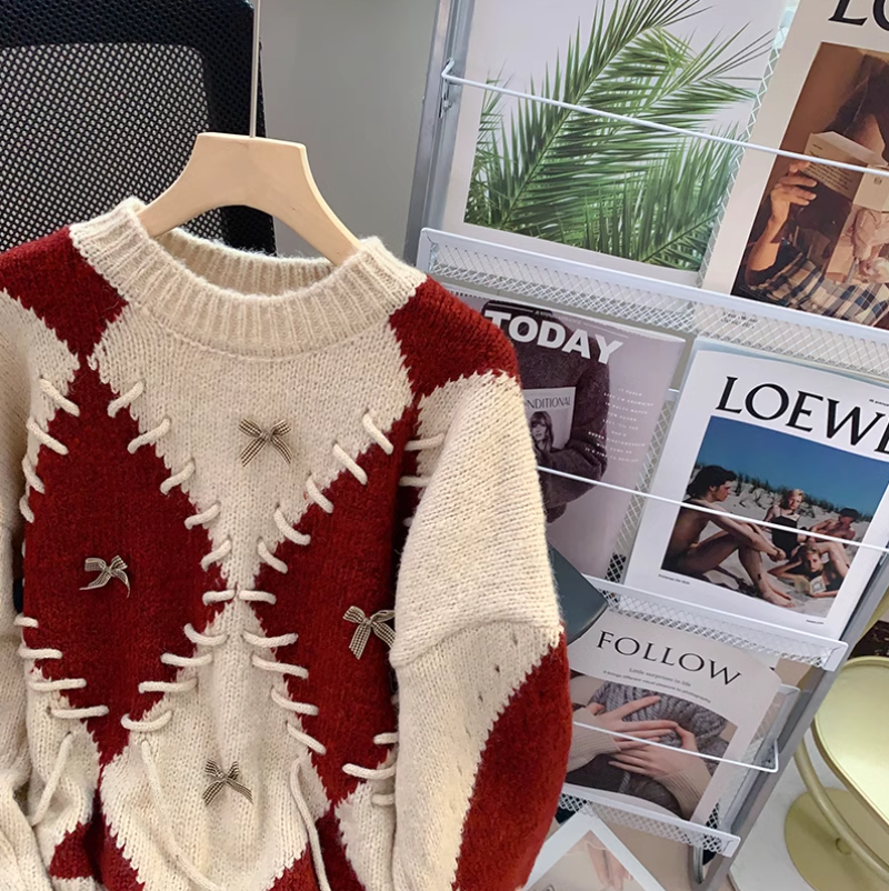 Retro-Langarmpullover mit Diamantkontrast ED0218