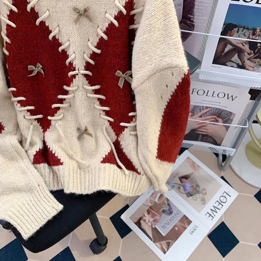 Retro-Langarmpullover mit Diamantkontrast ED0218