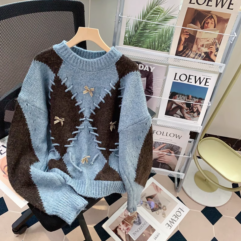 Retro-Langarmpullover mit Diamantkontrast ED0218