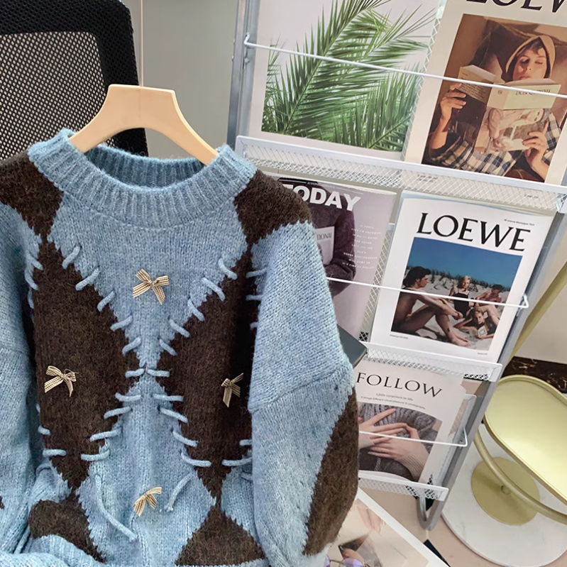 Retro-Langarmpullover mit Diamantkontrast ED0218