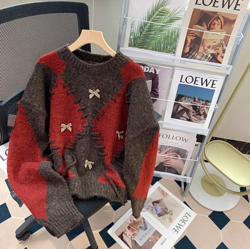 Retro-Langarmpullover mit Diamantkontrast ED0218