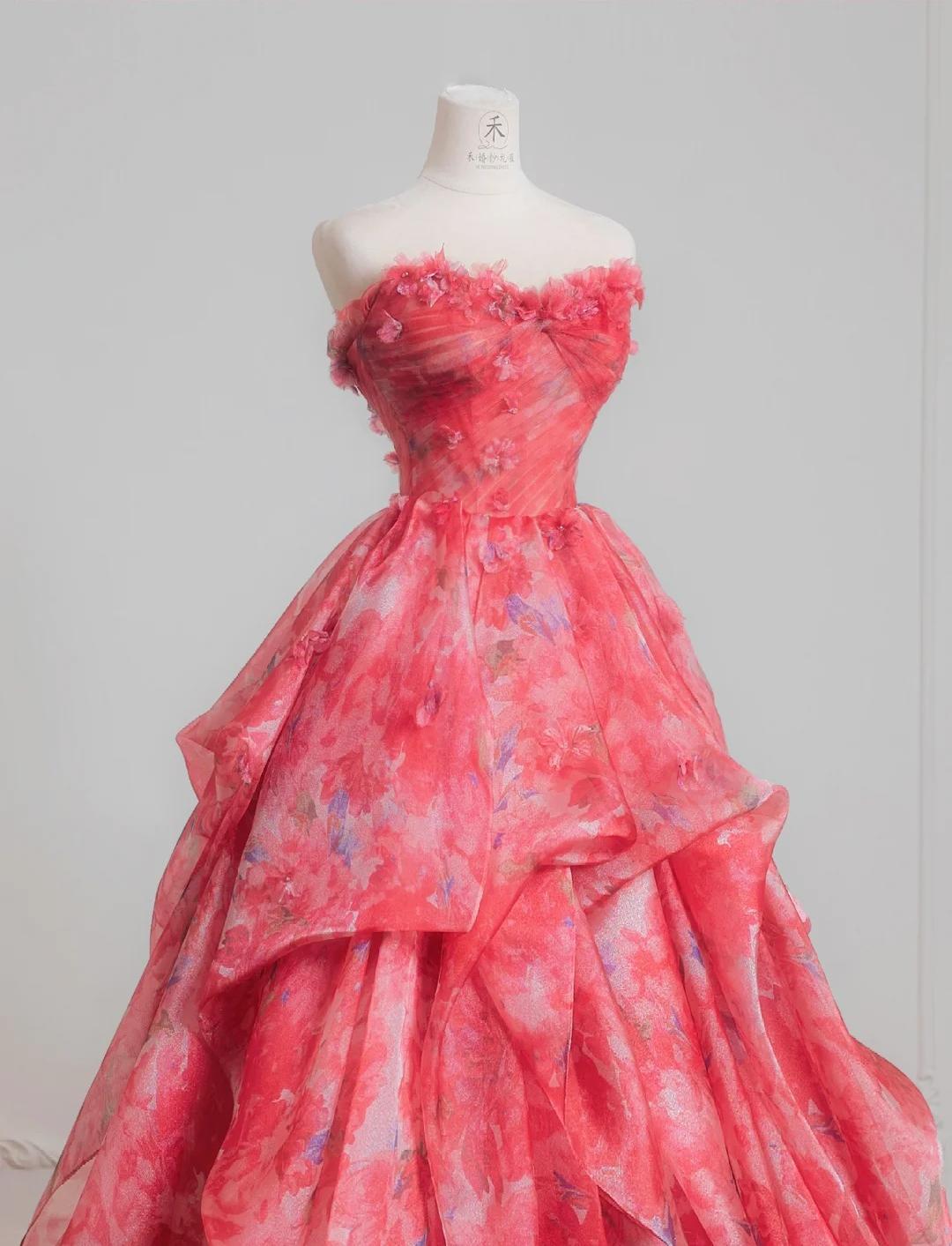 Superbe robe de mariée rouge trapèze sans bretelles en tulle imprimé, robe de bal longue et élégante ED02195