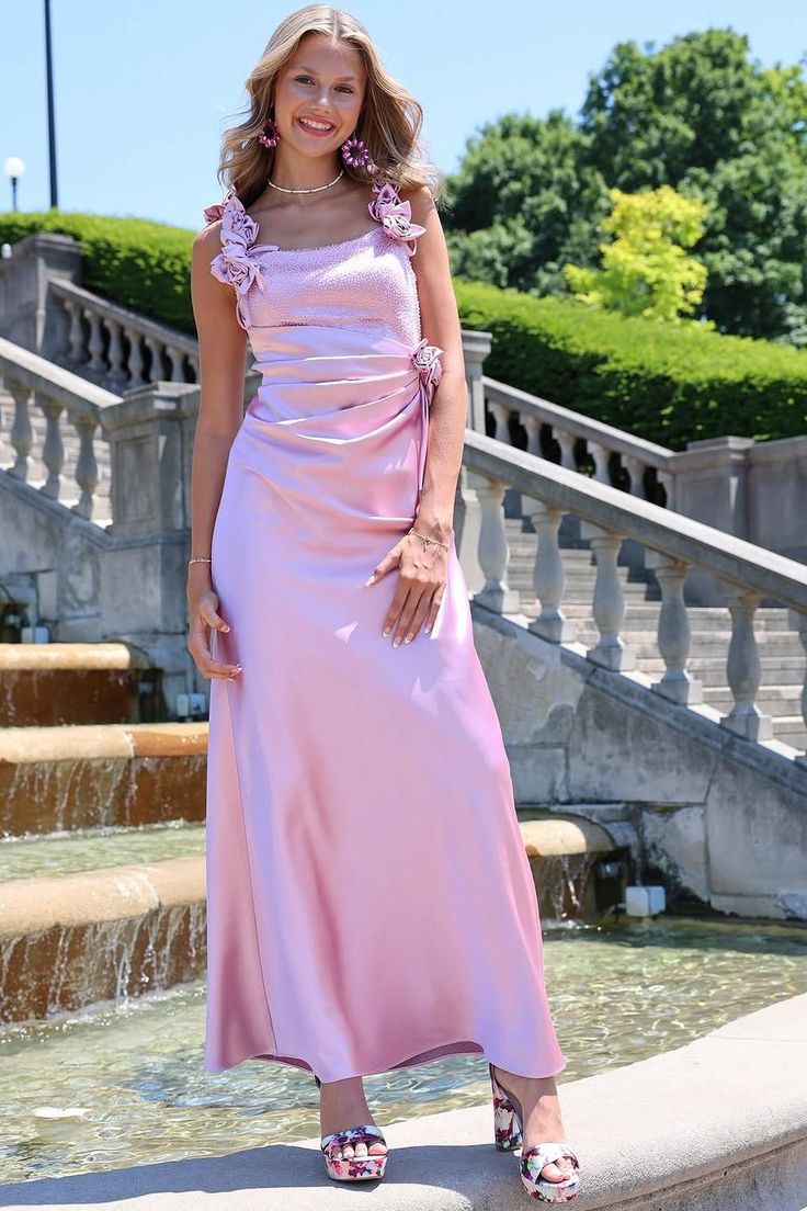 Einfaches grau-rosa Spaghettiträger Satin-Modekleid für Party & Brautjungfern ED02198