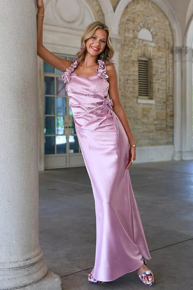 Einfaches grau-rosa Spaghettiträger Satin-Modekleid für Party & Brautjungfern ED02198