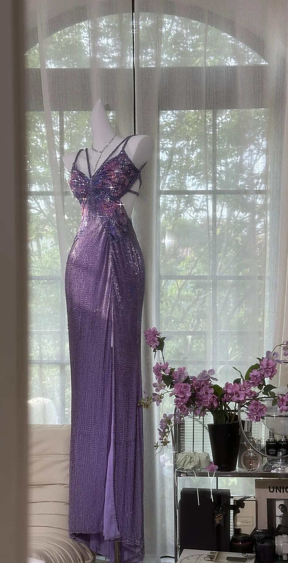 Vintage Purple Chiffon Beaded Sheath Elegant Backless Prom Dresses with Slits ED02201