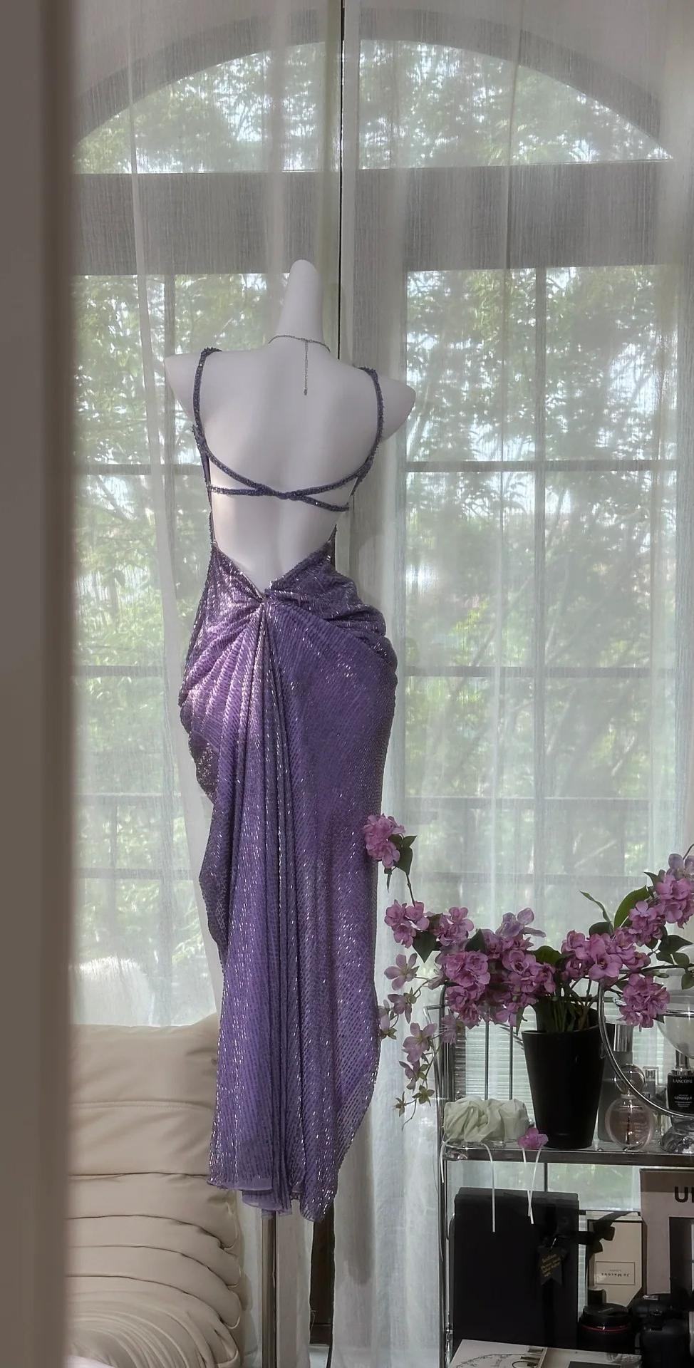 Vintage Purple Chiffon Beaded Sheath Elegant Backless Prom Dresses with Slits ED02201