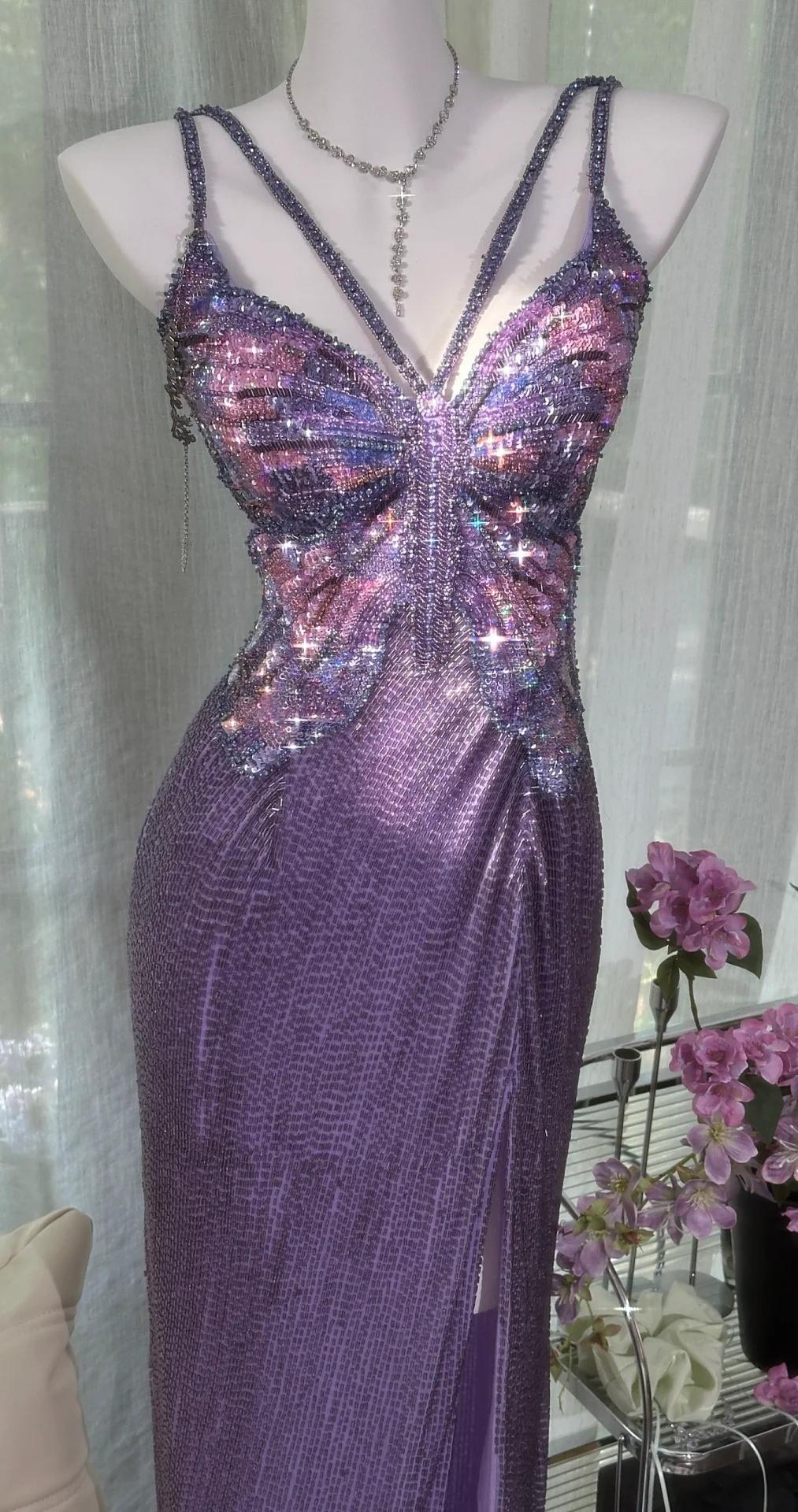 Vintage Purple Chiffon Beaded Sheath Elegant Backless Prom Dresses with Slits ED02201