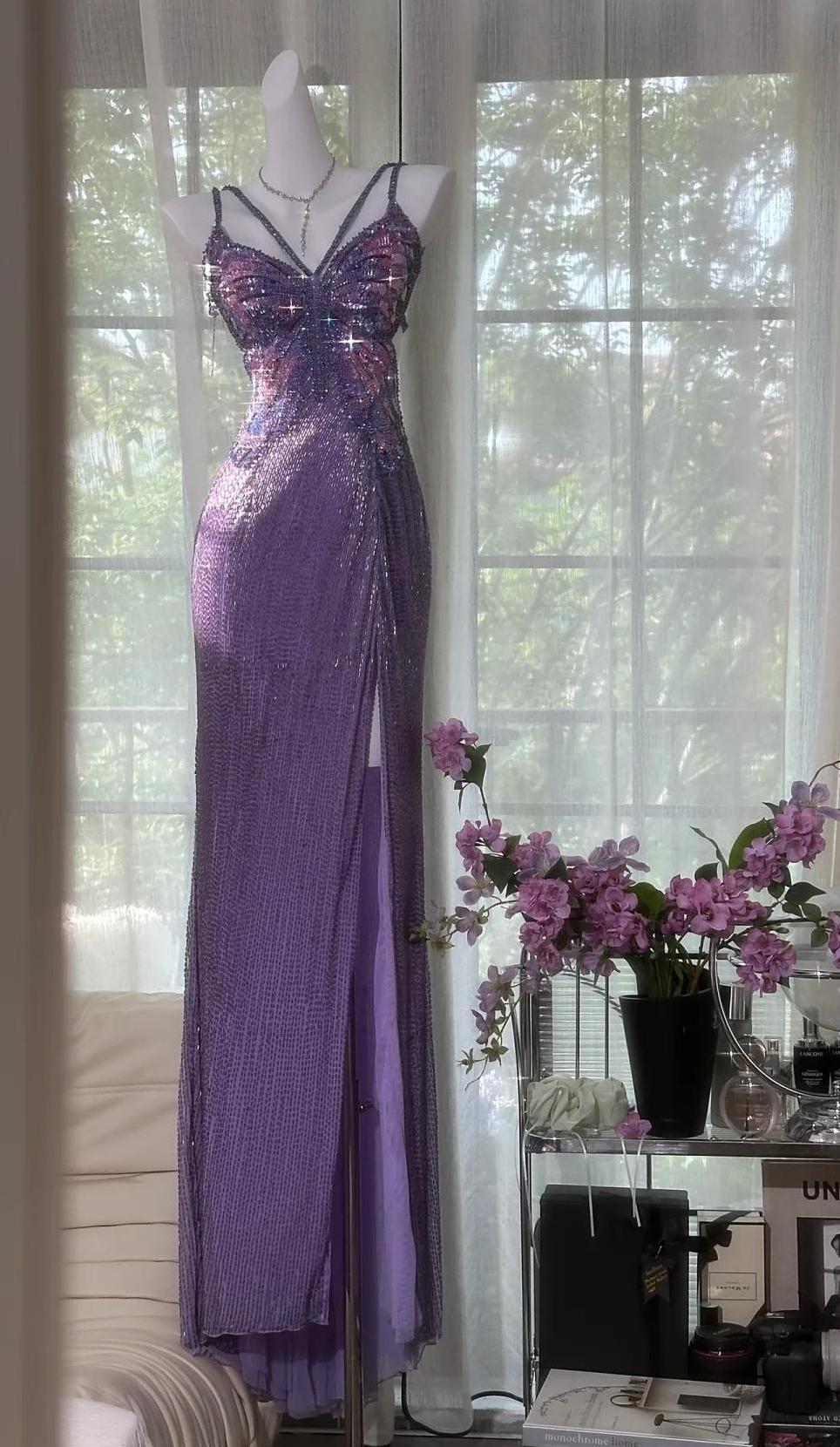 Vintage Purple Chiffon Beaded Sheath Elegant Backless Prom Dresses with Slits ED02201