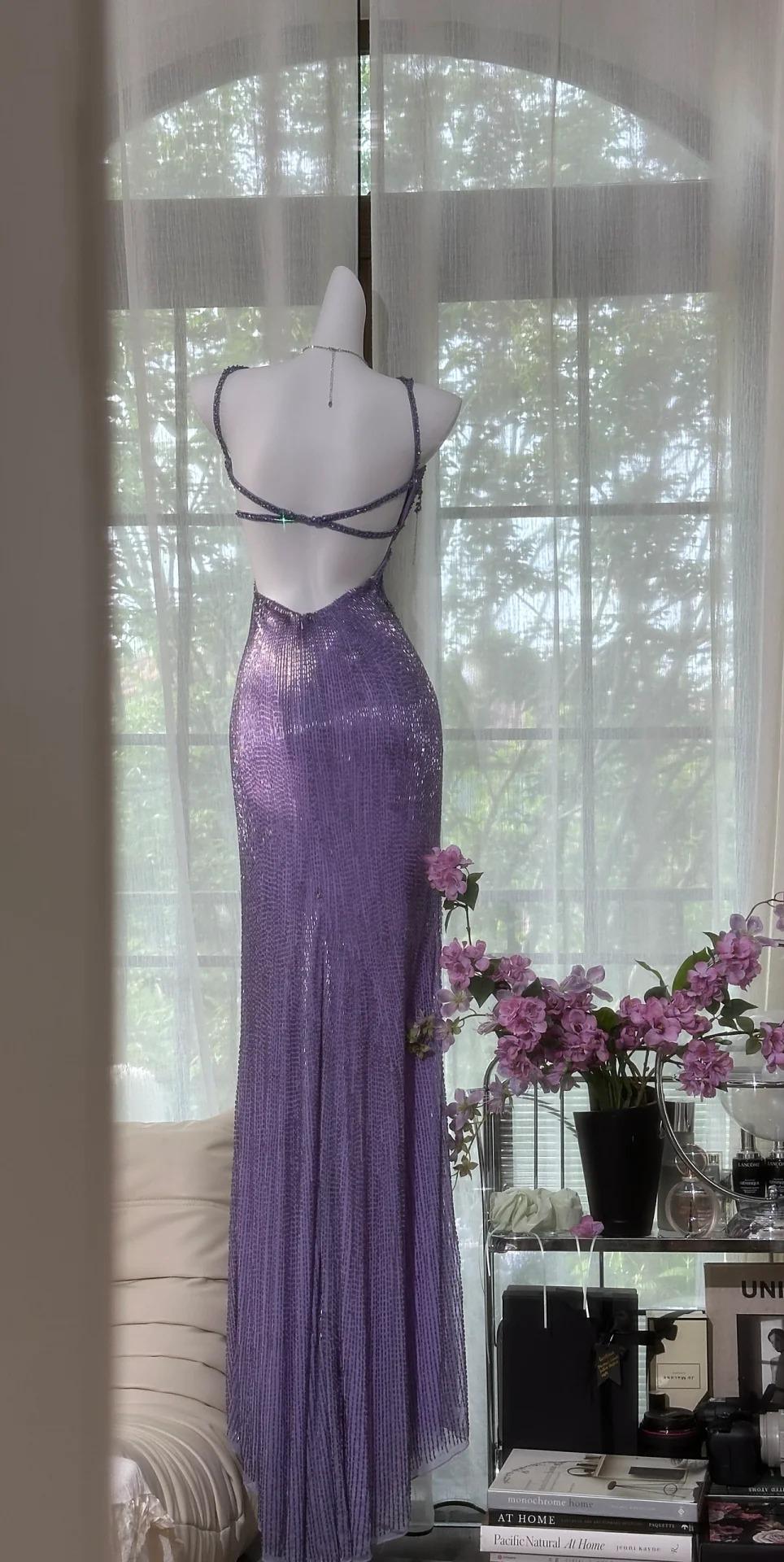 Vintage Purple Chiffon Beaded Sheath Elegant Backless Prom Dresses with Slits ED02201