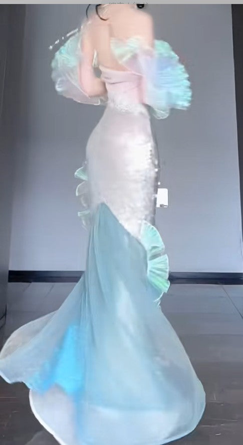 Gorgeous Ice Blue Mermaid Tulle Mask Prom Dresses Sparkling Sequin Evening Gowns ED02202