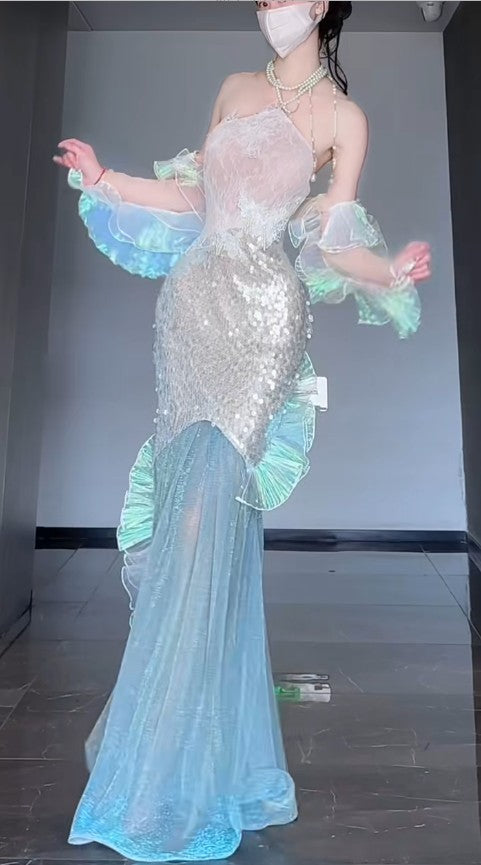 Gorgeous Ice Blue Mermaid Tulle Mask Prom Dresses Sparkling Sequin Evening Gowns ED02202