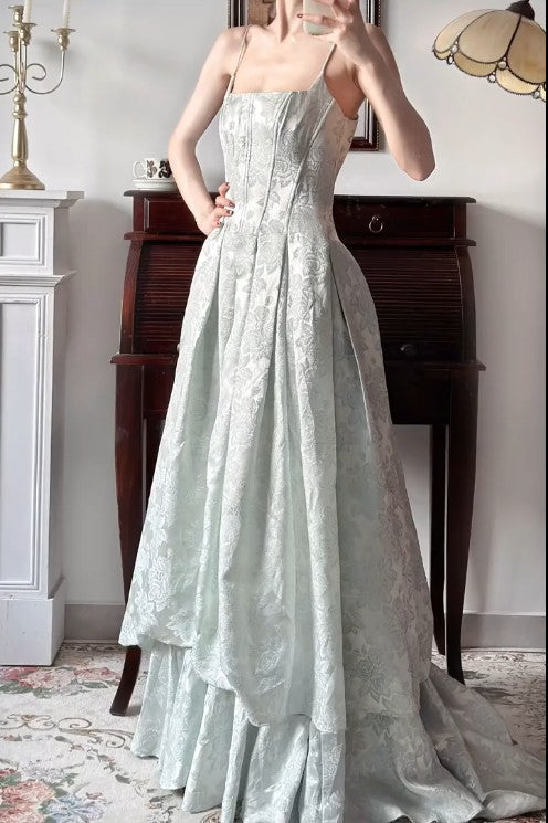 Vintage Spaghettiträger Jacquard Satin A-Linie Lange Ballkleider Süße rückenfreie Abendkleider ED02203