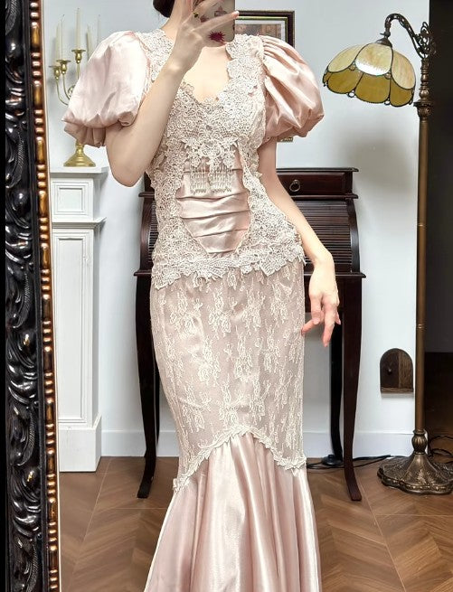 Fairytale Satin Lace Mermaid V-neck Prom Dresses, Beautiful Vintage Evening Gowns ED02211