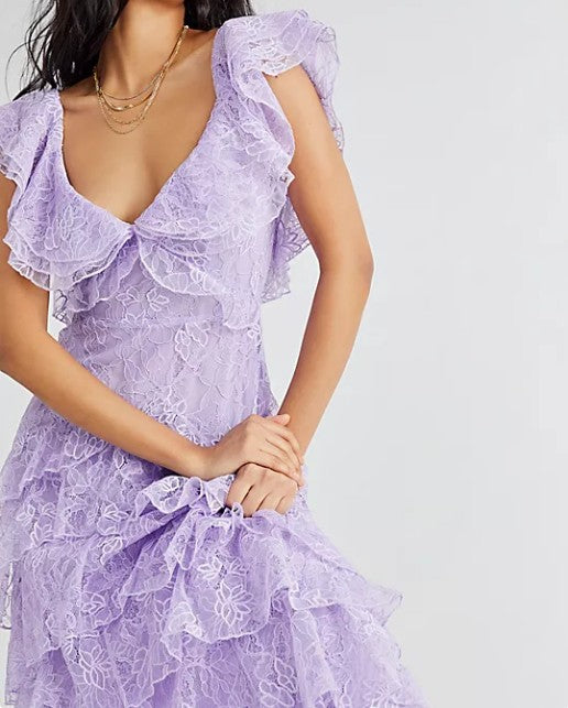 Sweet Lilac V-neck Lace Long Prom Dresses A-line Backless Evening Gowns ED02228
