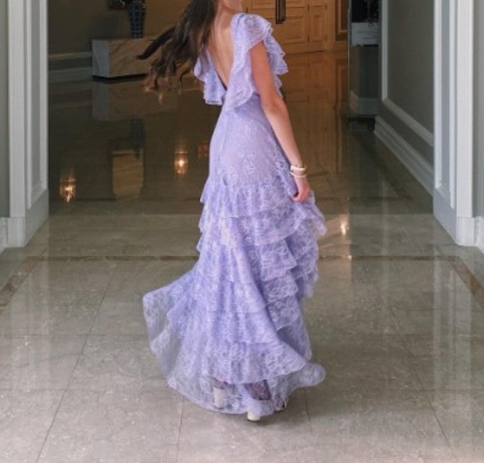 Sweet Lilac V-neck Lace Long Prom Dresses A-line Backless Evening Gowns ED02228