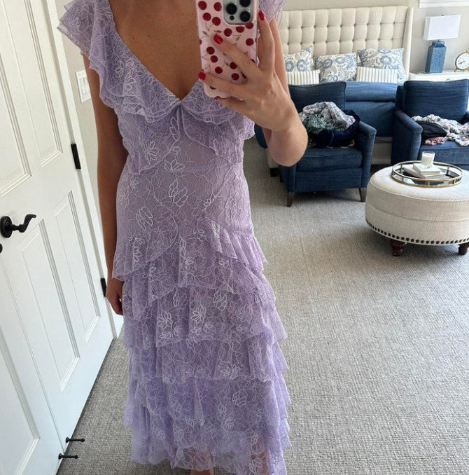 Sweet Lilac V-neck Lace Long Prom Dresses A-line Backless Evening Gowns ED02228