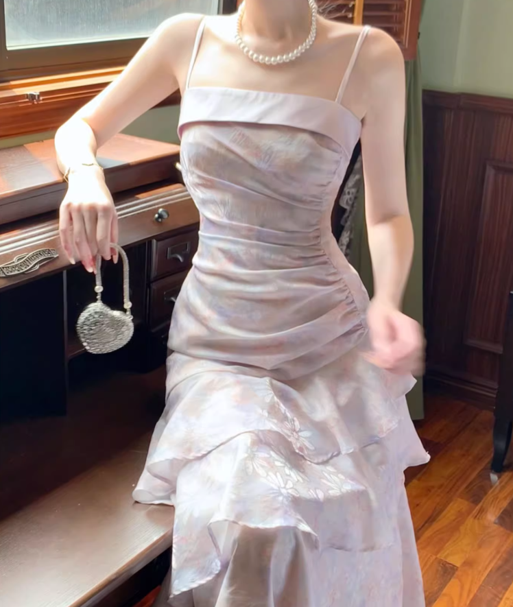 Fairytale Pink Spaghetti Straps Long Prom Dress Formal Dresses Chiffon Ruffles Layered Stunning 18th Birthday Party Dresses