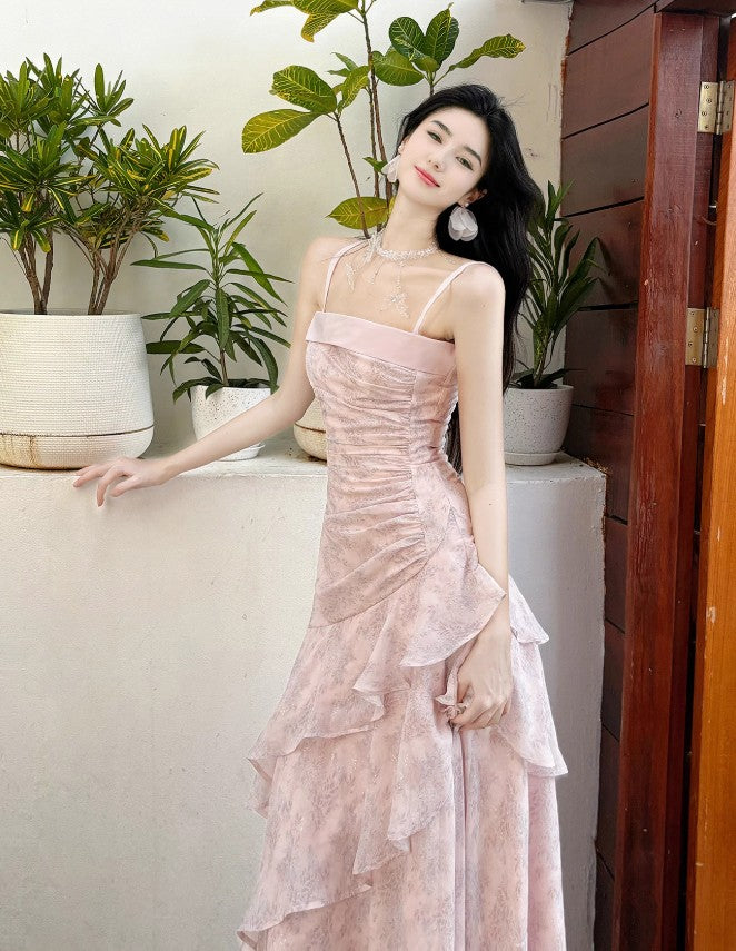Fairytale Pink Spaghetti Straps Chiffon Ruffles Layered Fashion Prom Dresses ED02230