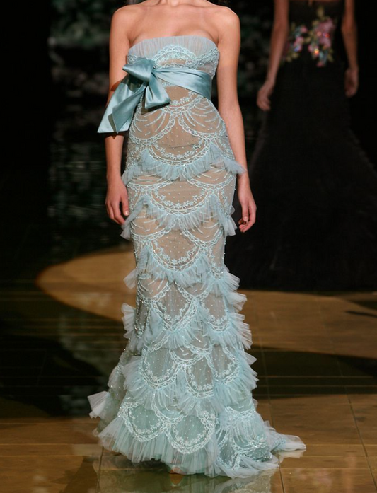 Gorgeous Sky Blue Tulle Strapless Layered Mermaid Prom Dresses Elegant Formal Evening Dresses ED02239