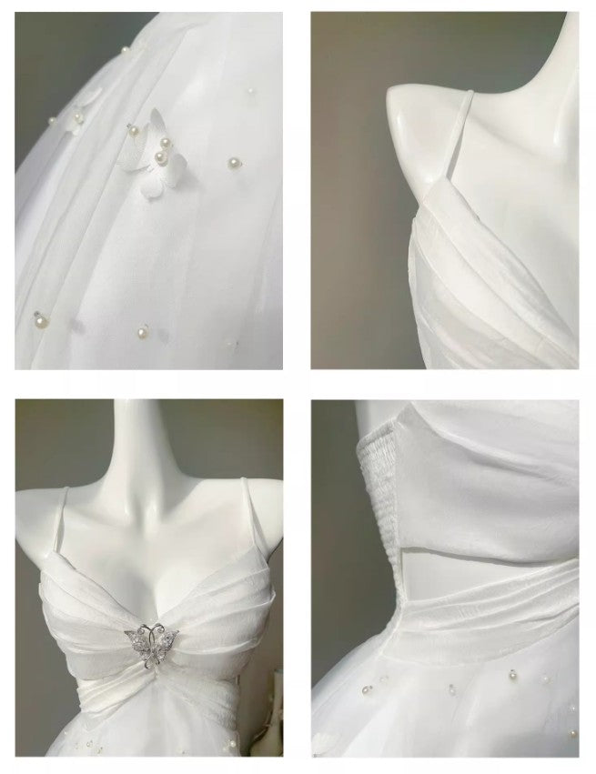 Fairytale Pearl Butterfly Tulle White French A-Line Spaghetti Straps Birthday Dresses ED02242