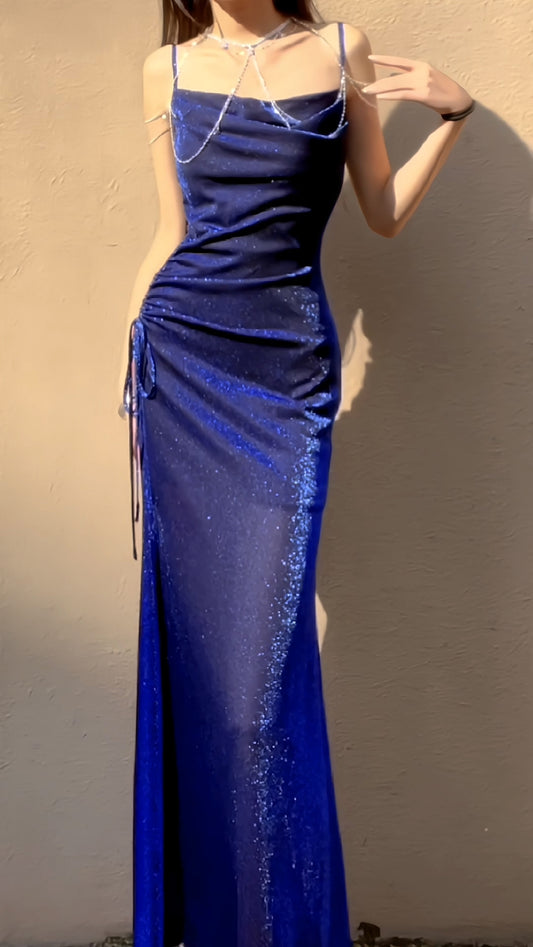 Midnight Blue Shiny Silk Mermaid Dress Swing Neck Luxurious Birthday Party Dress  ED02243