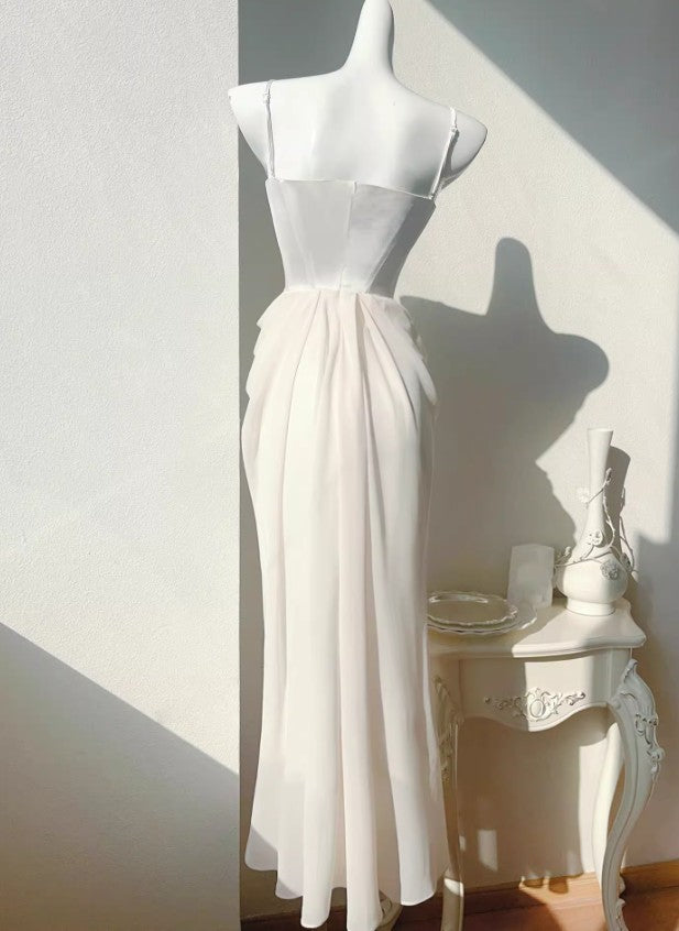 Light Champagne French Pearl Pendant Party Dress Satin Spaghetti Straps Chiffon Birthday Dress ED02245