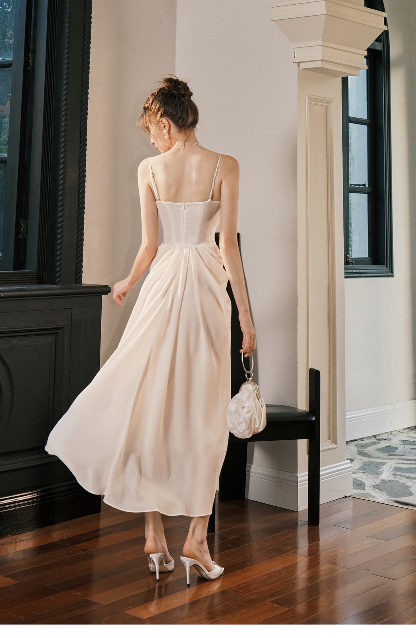 Light Champagne French Pearl Pendant Party Dress Satin Spaghetti Straps Chiffon Birthday Dress ED02245