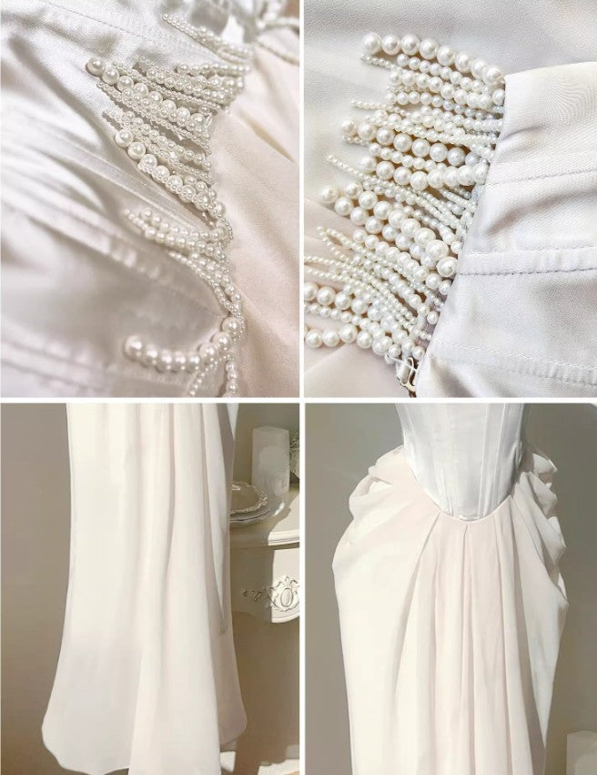 Light Champagne French Pearl Pendant Party Dress Satin Spaghetti Straps Chiffon Birthday Dress ED02245