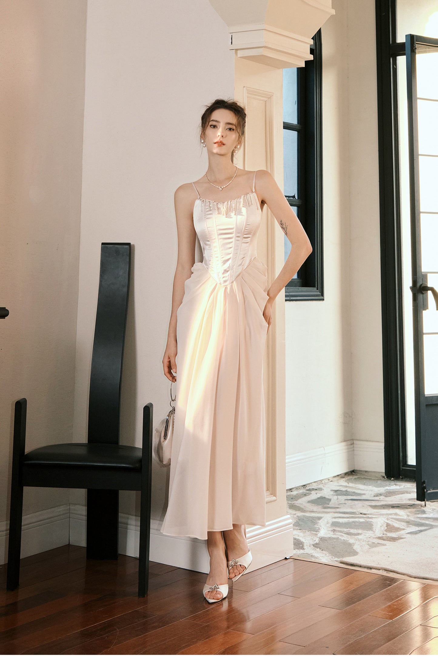 Light Champagne French Pearl Pendant Party Dress Satin Spaghetti Straps Chiffon Birthday Dress ED02245
