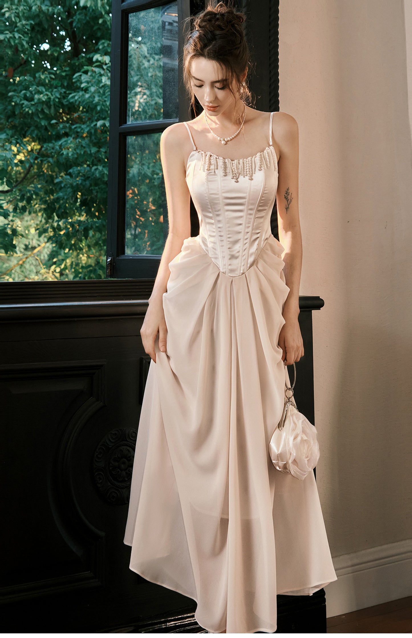 Light Champagne French Pearl Pendant Party Dress Satin Spaghetti Straps Chiffon Birthday Dress ED02245