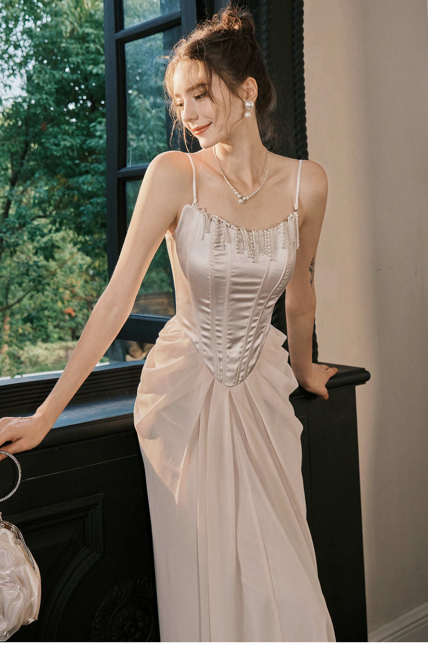 Light Champagne French Pearl Pendant Party Dress Satin Spaghetti Straps Chiffon Birthday Dress ED02245
