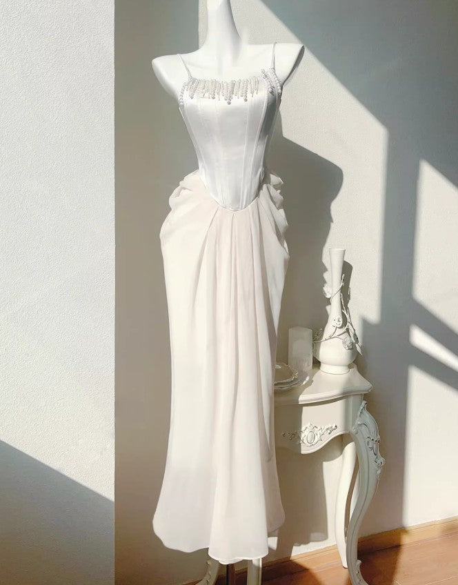 Light Champagne French Pearl Pendant Party Dress Satin Spaghetti Straps Chiffon Birthday Dress ED02245