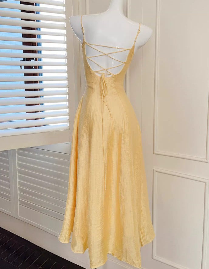 Sweet Butter Yellow Spaghetti Strap A-Line Birthday Dress Elegant Backless Party Dress ED02246