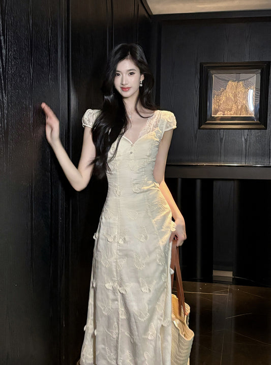Hollow Butterfly Embroidery Dress French Summer Vacation Waist Gentle Dress ED02249